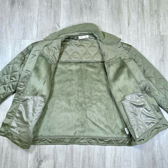 Women's Green Quilted Mixed Media Fleece Trim Jacket L - Picture 8 of 9